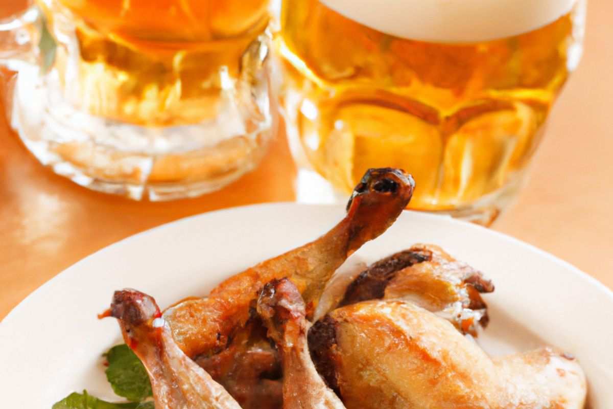 Boccali di birra con cosce di pollo