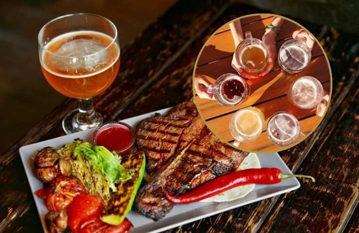 Carne e verdure alla brace con bicchiere di birra